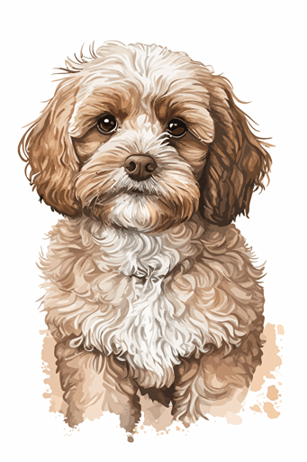 brown and beige watercolour of a cavoodle, vector, contour, white background