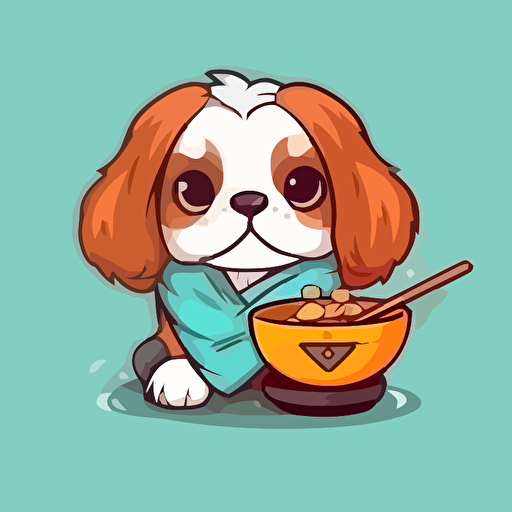 cute kawaii king charles spaniel holding ramen bowl and stick, vector