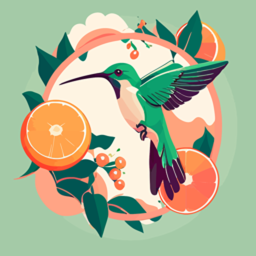 Pop Art Deco Hummingbird, Vector, Logo, green, pink, orange , floral, fruits