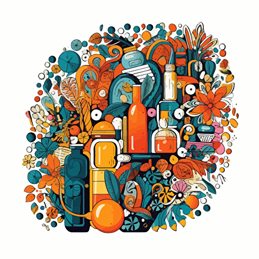 A flat vector illustration whimsical, abstract, imaginative, creative, pharmaceutical, nature, colors yellow orange, blue and green, black and white, on white,