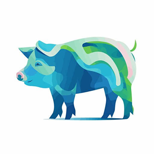 a vector art of a pig with blue and green colors, side shot, vector art, minimalism