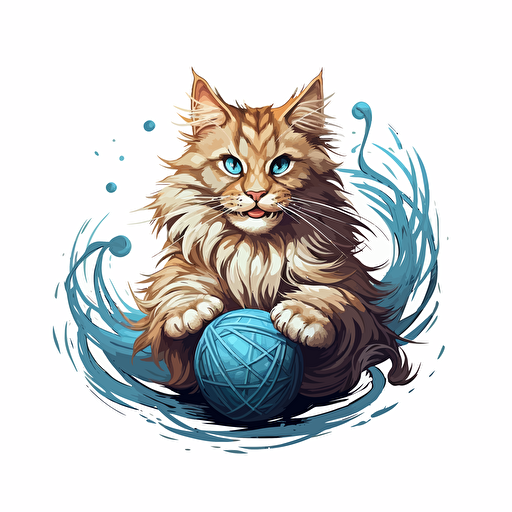 an adorable chestnut maine coon with sky blue eyes playing with a ball of yarn and snarling, vector art