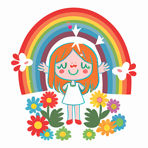 vector flat illustration of a cartoon daisy with eyes and hands on a white background and a rainbow behind her in the hippie style of the 60s