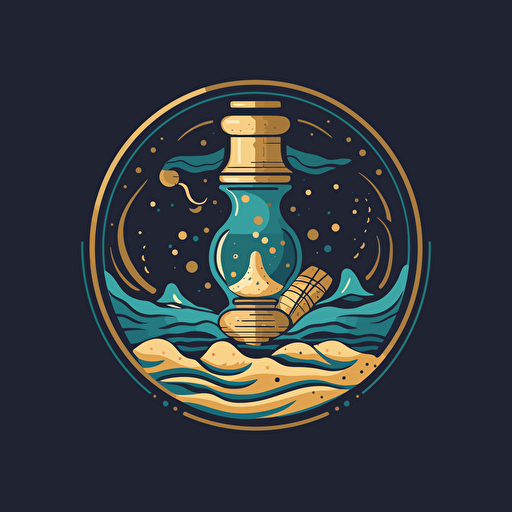 A sand timer with a stylized beach scene at the top, Sand sifting through the middle changing to gold tokens staking up at the bottom, vector style logo, blue sea colour background, HD