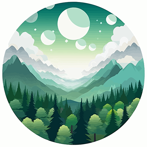 flat design, vector art, cicle logo of aerial view of landscape of green forest, very bright white clouds, bright sunrays, mountains in the background, wonderful, beautiful, inspiring by Arthur Kopcke