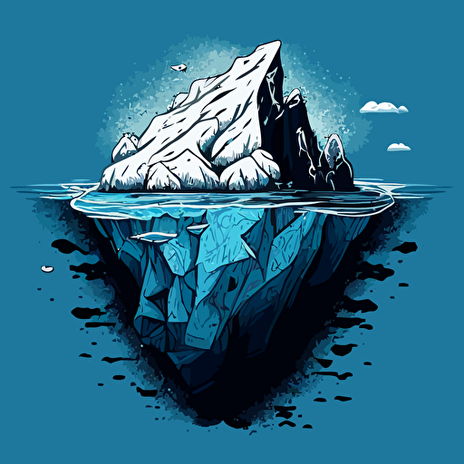 an iceberg floating in big blue water, in the style of back and white vector and doodle