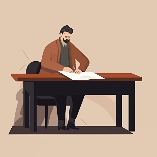 a front shot vector minimalist illustration of a man sitting on a leather chair signing a contract on an old big wooden desk in his office