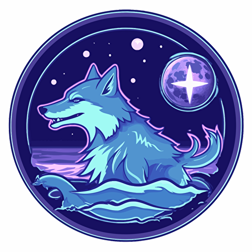 a side profile vector logo with a circular outline of mythical creature that has the body of a shark and the head of a wolf