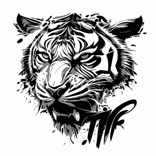 A tiger face created by the letters T and W. Vector, black and white, flat, no details, sharp corners.