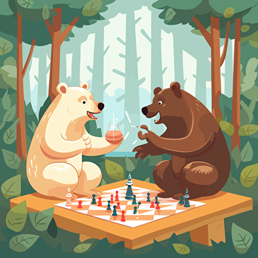 vector illustration of two happy bears playing chess in a forest