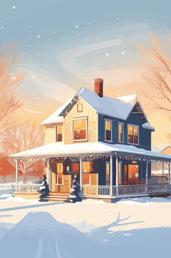 texas farmhouse at christmas, wrap around porch, cozy and sweet, bright light, colorful, snow, vector art, concept art