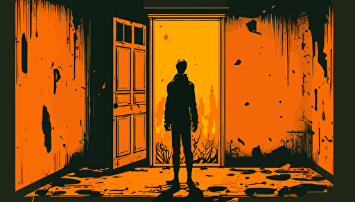 illustration of a man standing in a decrepit old orange room, vector, 2d animation