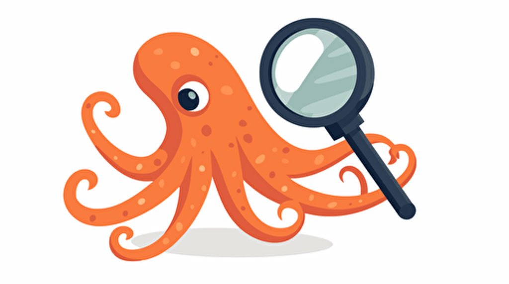 simplified flat art vector image of octopus on white background, magnifying glass