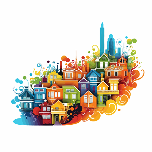 clean, colorful vector art, 16 colors, san francisco painted ladies, playful and simple, colorful swirls with white background