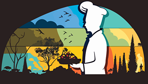 flat modern style illustration, half body flat silhouette of a baker, inside of silhouette of baker positive calm nature view with blue and yellow and green colors, calm on background, 2d vector