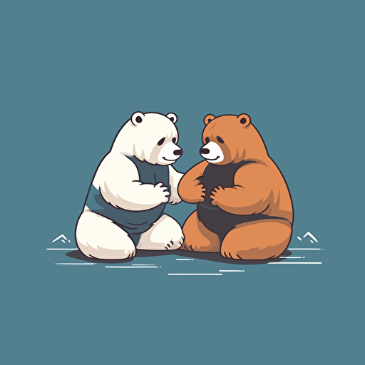 2 Bears wrestling. First Bear is layed out flat on the ground. Second Bear is standing slightly kneeling with one knee on First Bear's stomach, Both Bears wearing jiu jitsu clothes,, vector animation illustration, 4 colors limit, solid background, high resolution