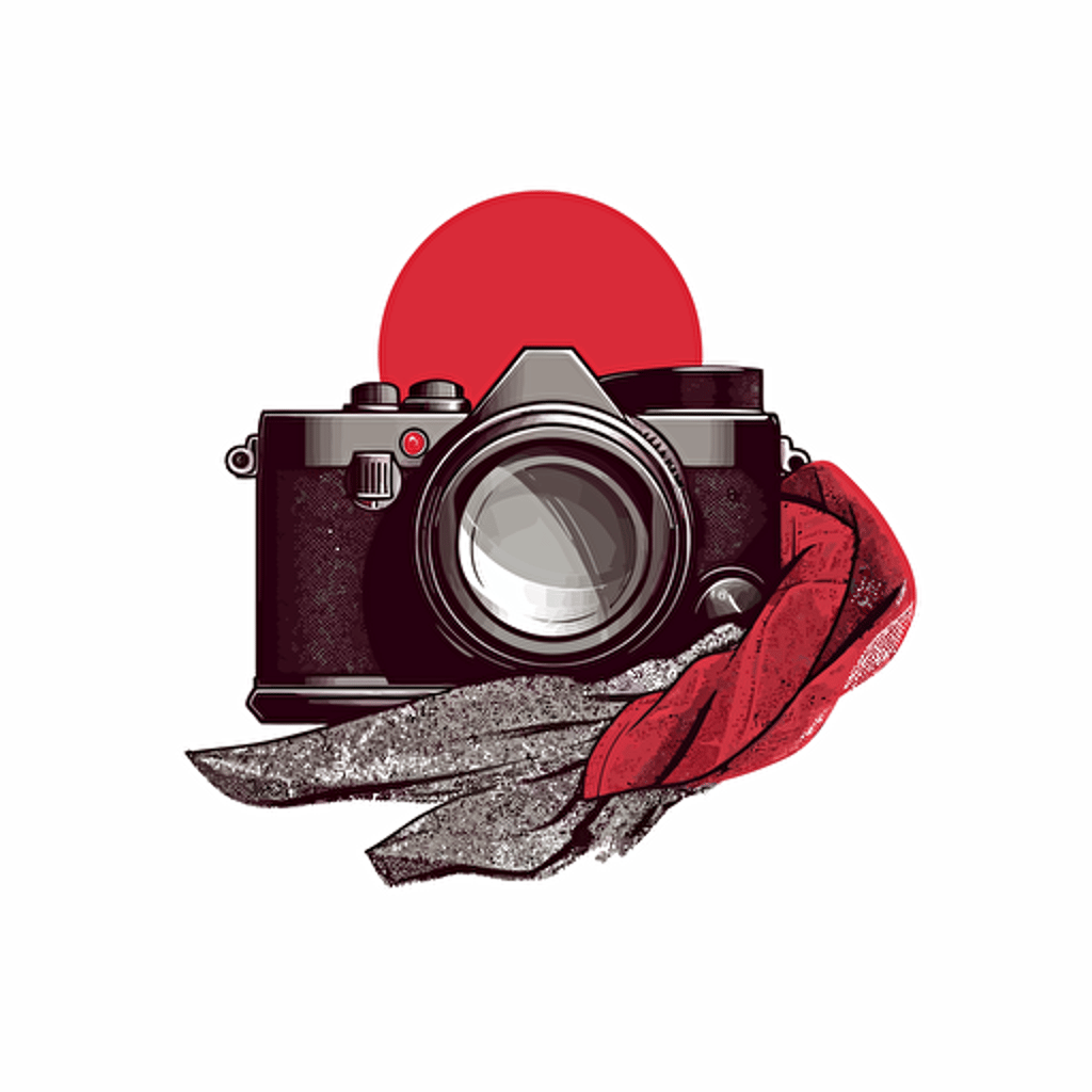 vector logo including a 35mm camera lens, red ray ban sunglasses and a scarf.