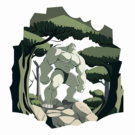 golem in trees and rocks, vector logo, vector art, emblem, simple cartoon, 2d, no text, white background