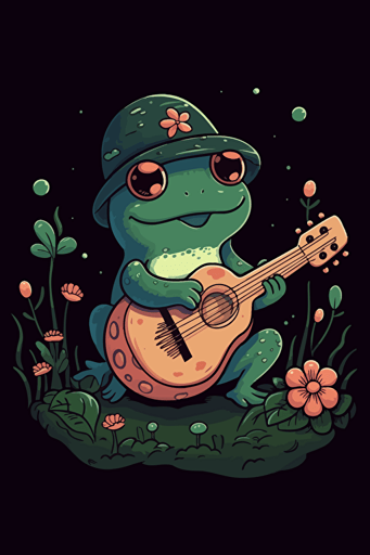 cutest cottagecore frog on toadstool with ukulele, vector, cute, design, black background