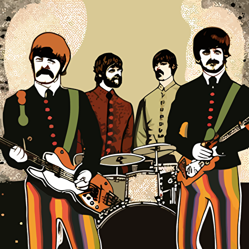 Comics, foreground, all four Beatles from front, torso, playing music, Sgt. Pepper's Lonely Hearts Club Band, vector illustration