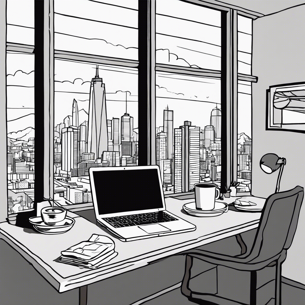 Home office with a laptop, coffee cup, and a view of the city skyline, illustration in the style of Matt Blease, illustration, flat, simple, vector
