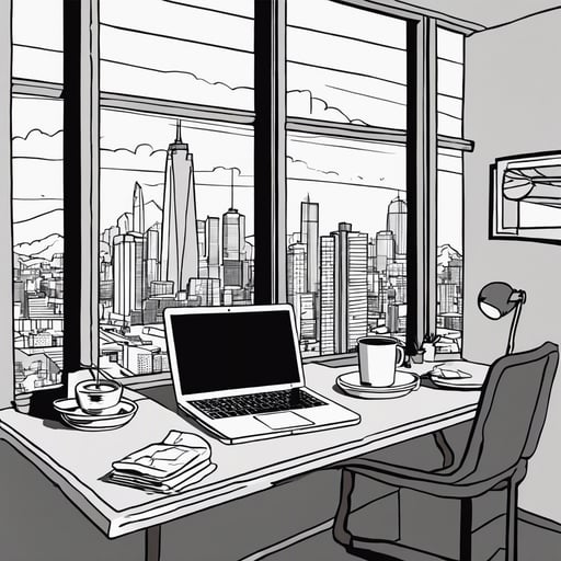 Home office with a laptop, coffee cup, and a view of the city skyline