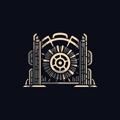 create a logo as simple as possible, with a large gear in the middle, and two large gate like fences surrounding it which are mirror images of each other. the logo should be in black and while, in minimalistic style, with a detailed gear and simple gates, vector