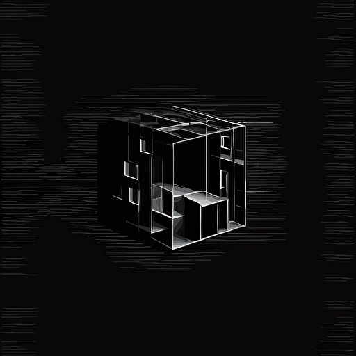 design a flat black and white vector logo on the concept of a building black and white single line greyscale no colour geometric squares rectangles single line, black background, minimal square, 2d, flat design, brand name Diorama