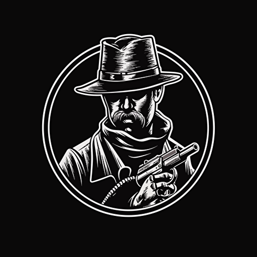 simple vector art, wild west bandit, logo, black and white, minimalism