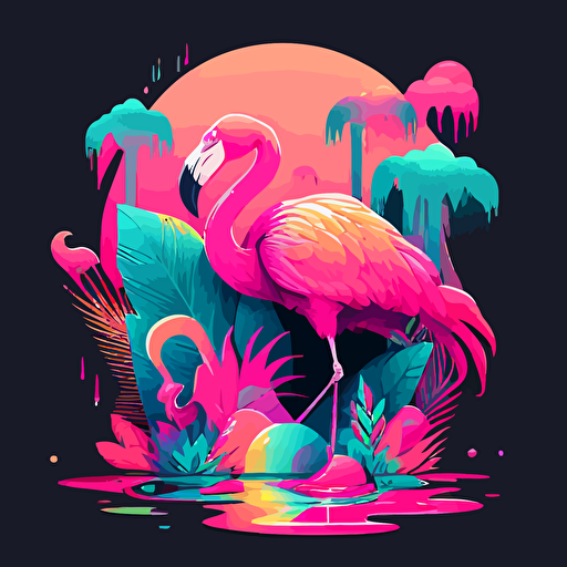 vector illustration of toucan and flamingo::colorful, vaporwave colors, no background color