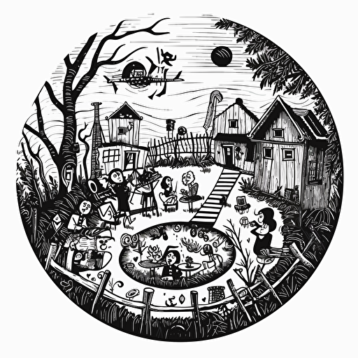 Cabin, "people playing board games": 2, logo: 3, black white drawing, vector, in style of tim burton
