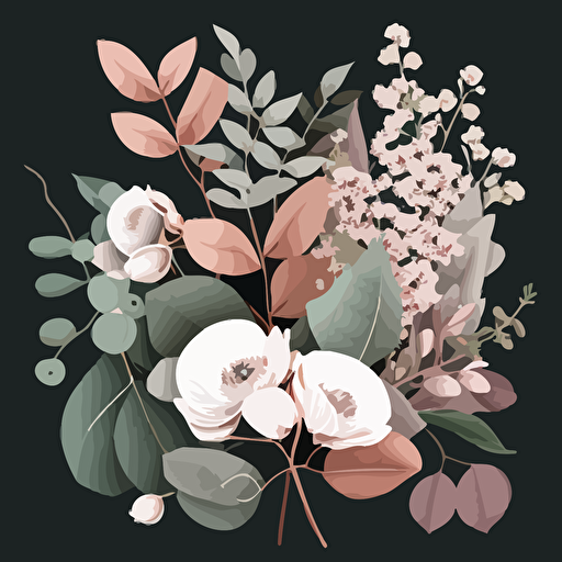 blush pink flowers, eucalyptus, white flowers, vector art