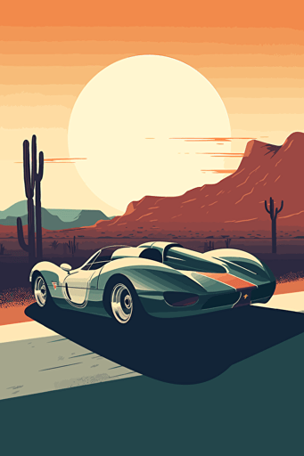 modern travel poster racing car, vector art, minimalistic, light muted colors,