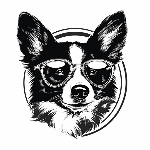 a black and white logo of a corgi wearing sunglasses. high resolution vector image