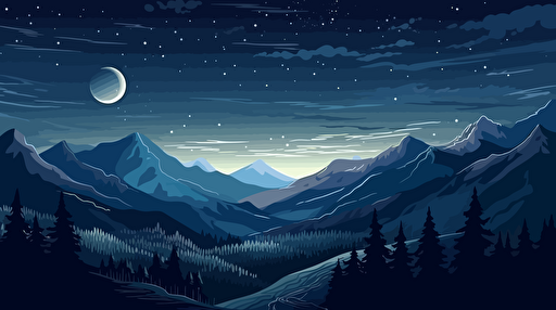 vector illustration of starry night sky landscape, blue tones, mountains
