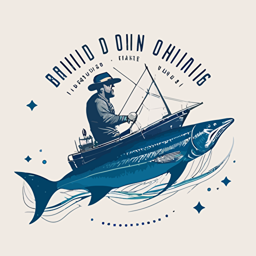 Logo design for an offshore fishing and scenic boat rides with a cowboy riding a blue marlin on the ocean, minimalist, flat, vector, 2D