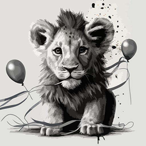 A vectorized image of a baby lion with streamers in shades of grey.