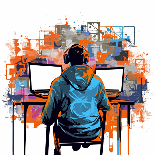 a vector image looking from behind a college teacher who is using a computer, blue and orange and dark gray, graffiti style