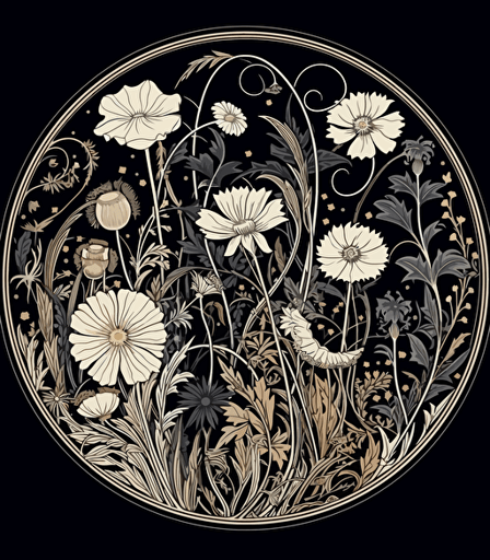 blooming wildflowers vector, white on black background, swirling art nouveau, circular pattern