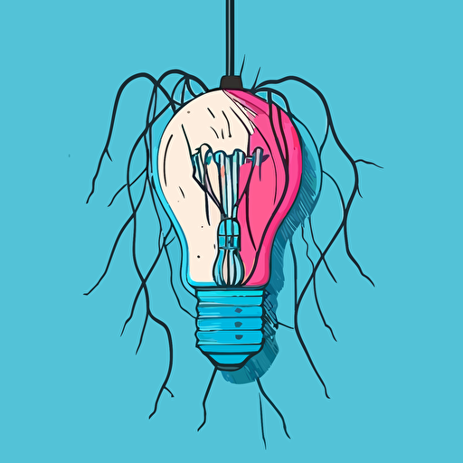 a light bulb with wires, flat vector, pink and blue