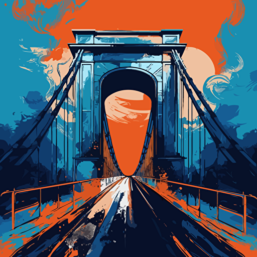 a vector image of a bridge connecting to a prison, blue and orange and dark gray, graffiti style