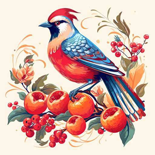 a bird on a pomegranate branch with fruits, vector style, by Namasri Niumim