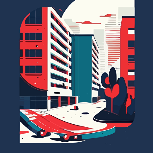 shallow flat vector illustration of a skatepark in Tokio, Tokio buildings at background, white background, dark blue and red colors