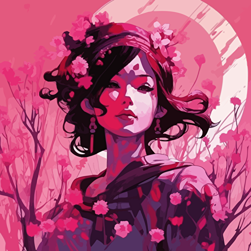 desinge, vector, deep pink, japanese style, cheery blossoms, fireflys, in the style of becky cloonan, john watkiss