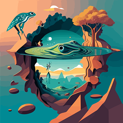 Inspired by Salvador Dalí's Surrealism, create a vector illustration of a whimsical landscape where frogs and humans interact in unusual, dreamlike scenarios. Use distorted perspectives and a vivid color palette. Set the scene in an imaginative world.