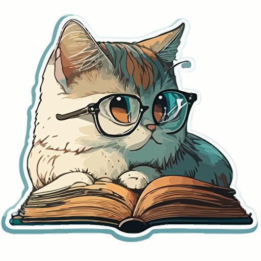 sticker, cute cat reading a book with glasses, liu yi artist style, vector, contour, white background