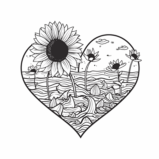a heart vector with black outline, and inside the heart there will be a smiling sunflower in cartoon style, swimming in the sea, minimal illustration, cartoon style in black and white