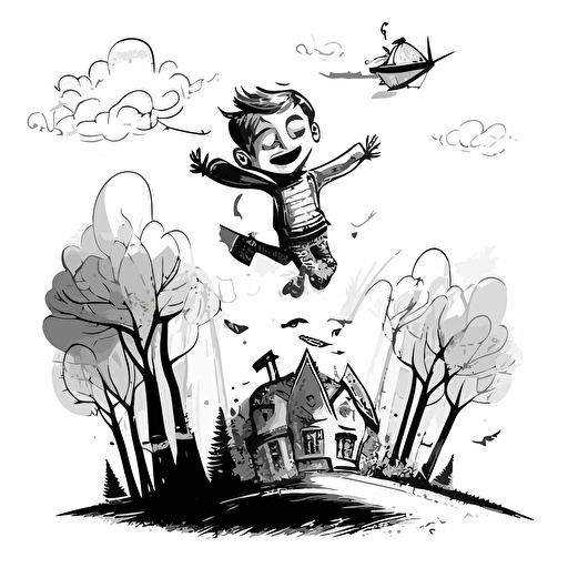 small boy flying high in the sky happy. black and white vector illustration. Bellow you can see trees and houses