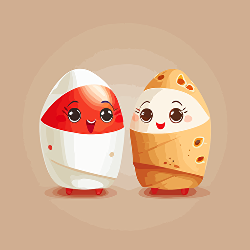 two cute eggrolls smilling red and white. Vector style. 2D. Drawing.