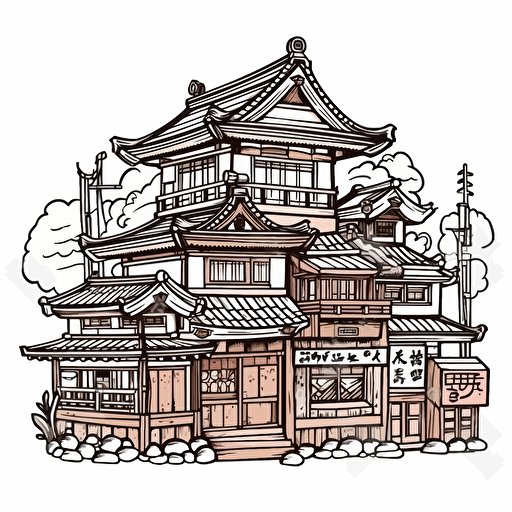 DND Fantasy. Japanese Style City. Wooden Architecture. No Shadow. Cartoon. Coloring page. Vector. Simple.